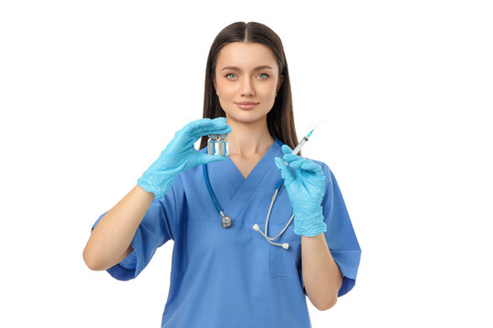 Clinician with vial and syringe in clinic, isolated, PNG