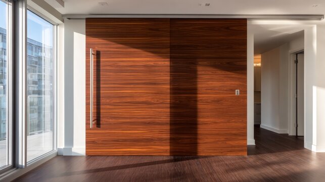 Modern interior features a sleek wooden sliding door illuminated by natural light indoors