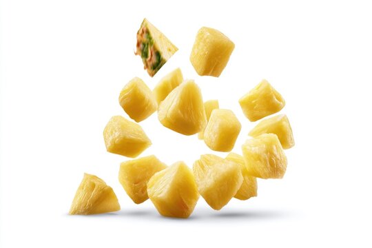 Cubes of fresh, juicy pineapple pieces suspended in mid-air with a bright white background.