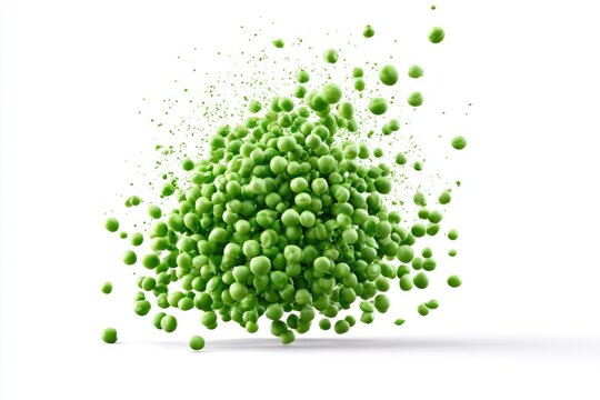 A dynamic burst of fresh green peas is captured mid-air against a clean white background, emphasizing their vibrant color and texture.