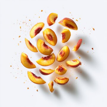 Sliced peach pieces scattered on a white surface with crumbs, casting soft shadows.