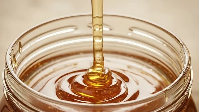 Golden honey flows smoothly into a clear glass jar for a sweet food preparation
