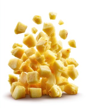 Cubes of fresh pineapple suspended in mid-air against a white background.