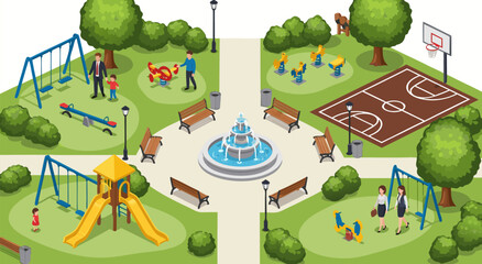 City Park Isometric Vector Illustration Featuring Playgrounds Basketball Courts and a Beautiful Central Fountain Area for Urban Recreation © Purnomo