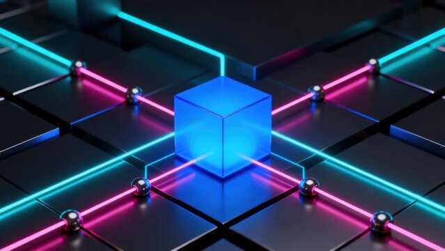 Blue cube with neon lines on dark surface