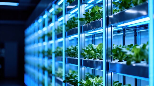 Vertical farm with leafy greens under blue lights
