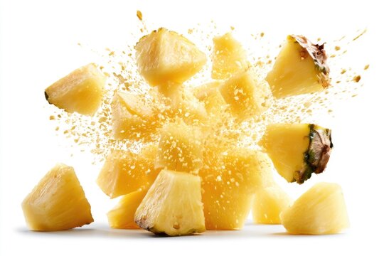 Juicy pineapple chunks burst and scatter against a white background, highlighting their fresh texture and vibrant yellow color.