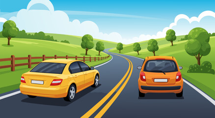 Fototapeta premium Scenic Countryside Road Trip Travel Vector Illustration Featuring Two Cars Driving Along A Winding Asphalt Highway Through Rolling Green Hills