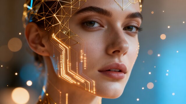 Woman with glowing geometric face design