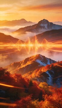 Digital audio sound wave visualization glowing over a misty mountain range at golden sunset