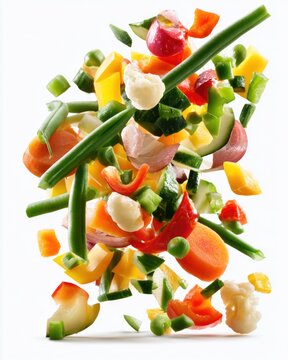Fresh, colorful mixed vegetables including green beans, carrots, peas, cauliflower, zucchini, and peppers appear suspended in mid-air on a white background.