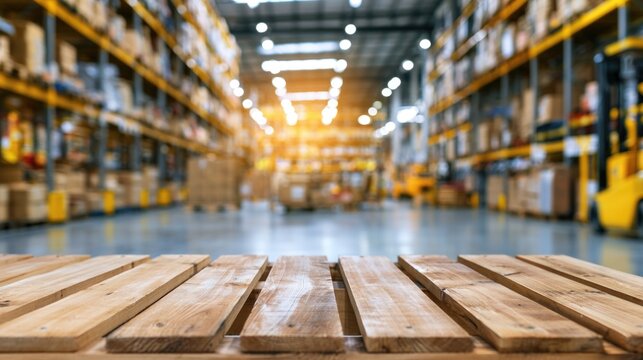 A spacious warehouse with tall shelves stocked with boxes, bright overhead lights, and a wooden surface in the foreground for product display or workspace.