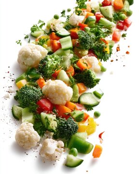 A vibrant assortment of fresh chopped vegetables including cauliflower, broccoli, bell peppers, peas, carrots, and herbs scattered artistically on a white background.