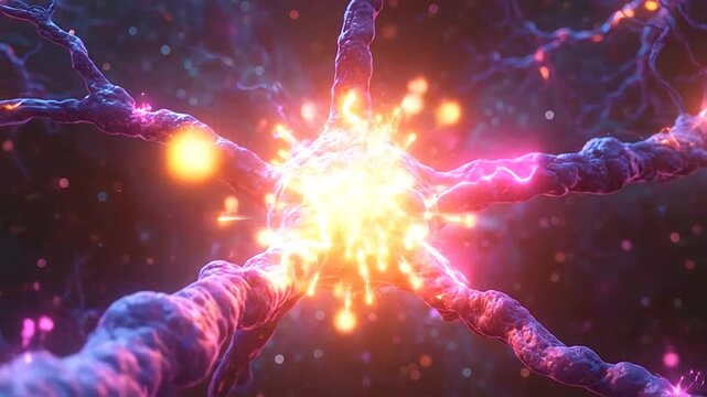 A microscopic view of glowing neural pathways transmitting electrical signals in space