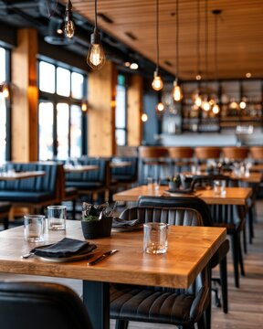 A modern, cozy restaurant interior with wooden tables, black chairs, hanging Edison bulb lights, and neatly set tableware ready for diners.