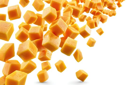 Numerous vibrant orange cubes, resembling cheese or fruit pieces, floating dynamically against a white background.