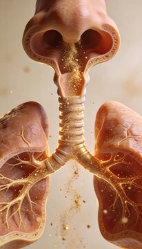 Medical Illustration of Human Respiratory System Showing Inhalation of Particles into Lungs