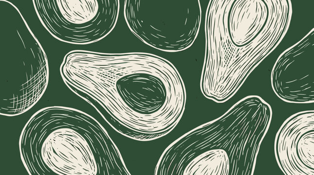 Hand drawn avocado pattern illustration on dark green background
