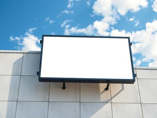 Fototapeta premium A black-framed rectangular display screen mounted on a white tiled wall under a blue sky.