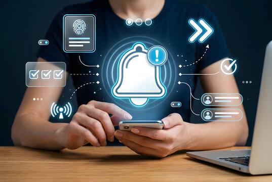 Person using smartphone with holographic notification bell alert icon surrounded by fingerprint authentication checklist and messaging for push notification system