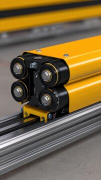 Close-up of a yellow tubular machinery component with multiple lights and a metallic rail