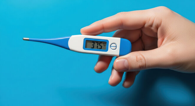 Digital Thermometer Displaying 37.5 Degrees Celsius Held in Hand Against Blue Backdrop, Fever, Health, Temperature Measurement, Diagnosis