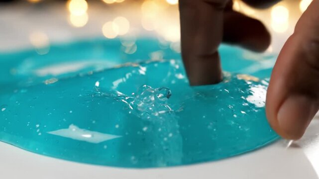 A finger pokes and stretches bright blue translucent slime on a white surface. The atmosphere is playful and tactile with soft bokeh lights. Ideal for sensory play or ASMR content.