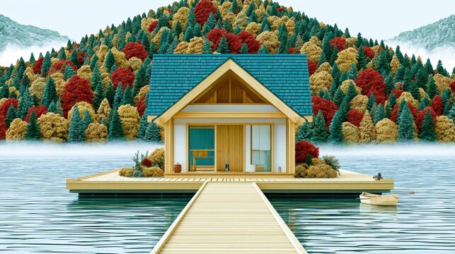 Floating cabin on calm lake near autumn forest with wooden dock and mountain view, serene eco house on water