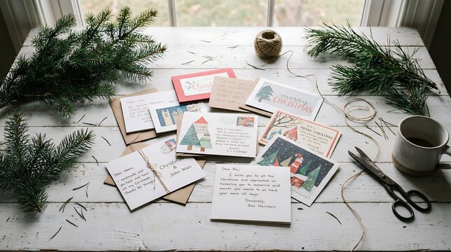 Christmas cards and decorations on table.