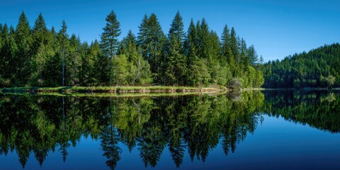 Lush green forest and trees reflected in a calm, dark blue lake © Jolie