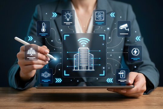 Businesswoman using tablet with holographic smart building management system for IoT automation controlling lighting HVAC security energy and access