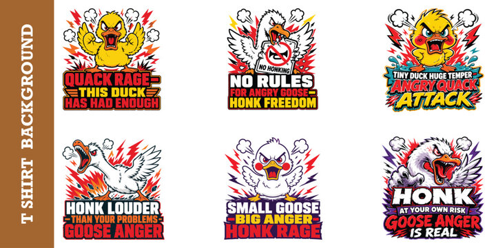 Collection of fierce goose and duck illustrations featuring angry behavior and typography.
