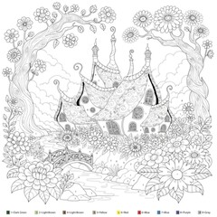 Naklejka premium Color by number page with fantasy mushroom house castle and flower garden for kids.