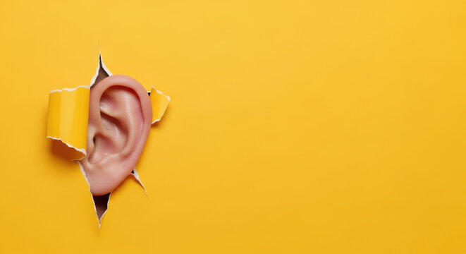 Hearing Secret: Ear Peeking Through Ripped Yellow Paper, Listening Closely To Rumors, Discovering Hidden Information, Eavesdropping, Revealing Secrets