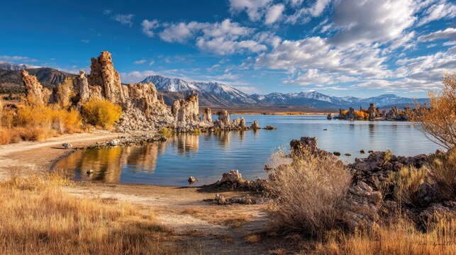 Autumnal lake landscape with towering tufa formations under a dramatic sky