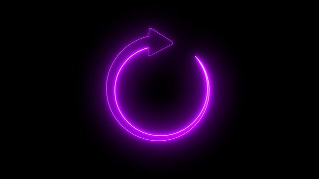Animated white circular neon arrow icon on a black background, representing refresh, reload, or cycle.Animated rotating circular arrow for loading process update and refresh