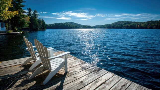 Two empty chairs await on a sunny dock beside a tranquil lake