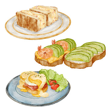 Handdrawn Sandwich Cafe Food Set Bundle Realistic Watercolor Illustration | Menu Element Clipart PNG