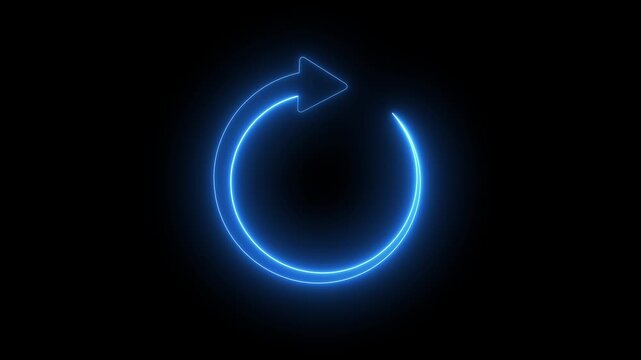 Animated white circular neon arrow icon on a black background, representing refresh, reload, or cycle.Animated rotating circular arrow for loading process update and refresh