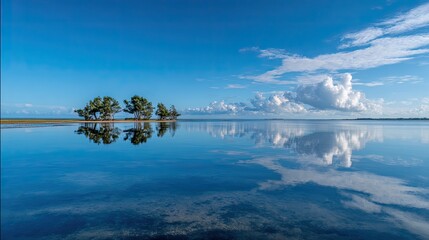Obraz premium Serene shallow water mirrors island trees and clouds under vast blue sky