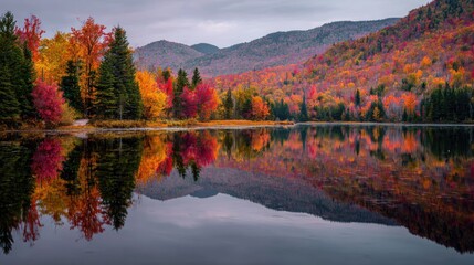 Naklejka premium Vibrant autumn foliage reflects on a still, calm lake with distant mountains