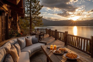 Obraz premium Lakeside mountain view from rustic deck with food and seating at sunset