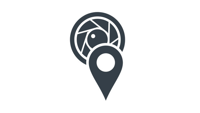 Camera lens aperture icon overlayed on a location pin symbol