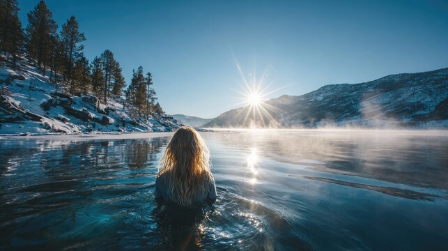 Woman bathing in a frosty lake, sun glinting off the water
