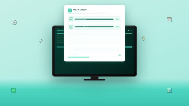A modern motion graphics animation featuring a computer monitor screen displaying a project management checklist that fills up to 100 percent