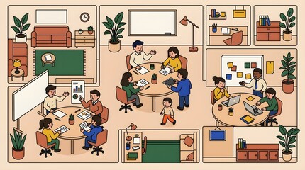 Fototapeta premium Modern Collaborative Office Workspace Illustration with Diverse Teams Working, Brainstorming, and Meeting in a Creative Coworking Environment