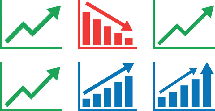 Financial data chart icon set showing business growth success trends and economic market loss with arrow graphics