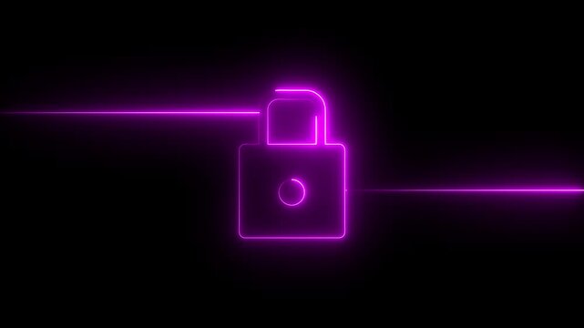 Glowing neon color animation lock icon protection safety security privacy password circle closed.glowing neon blue color lock animation icon security privacy password .4k
