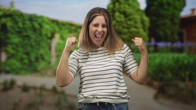 Young woman pumps fists with bare forearms visible, wide smile, standing on a garden path by a building; celebration joy.