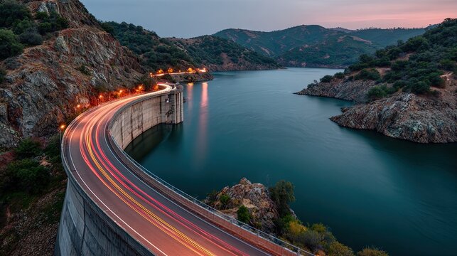 Curved dam road with light trails and tranquil reservoir at dusk